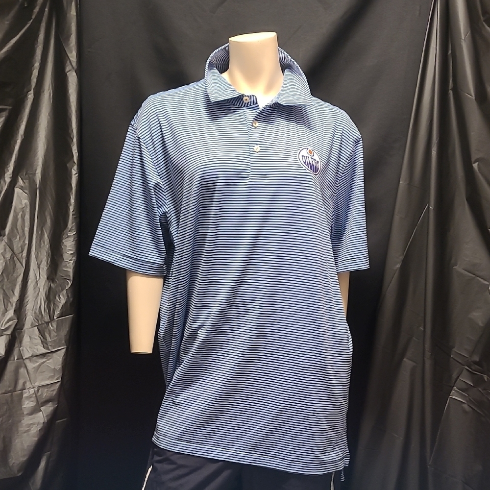 02' PETER MILLAR EDMONTON OILERS POLO GOLF SHIRT Blue Striped Men's SIZE XL